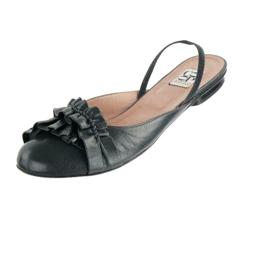 Barneys New York CO-OP Black Leather Ruffle Slingback Flat